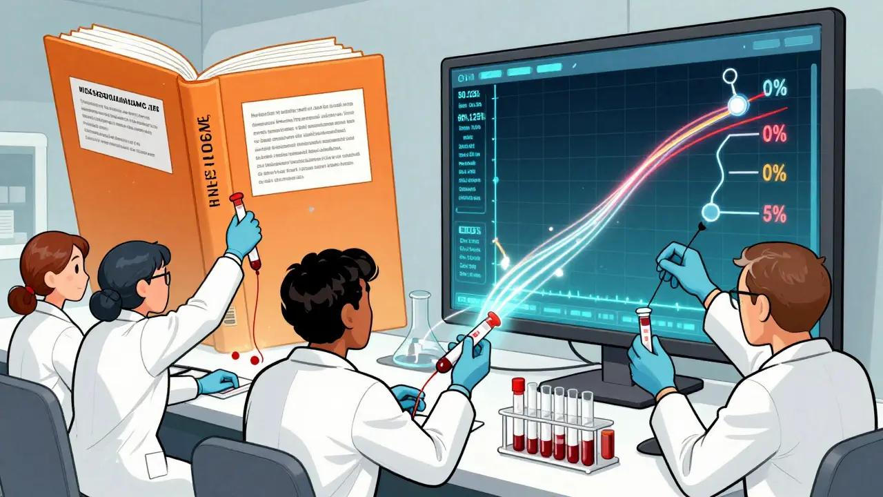 Scientists conducting bioequivalence tests with data streams showing drug absorption levels.