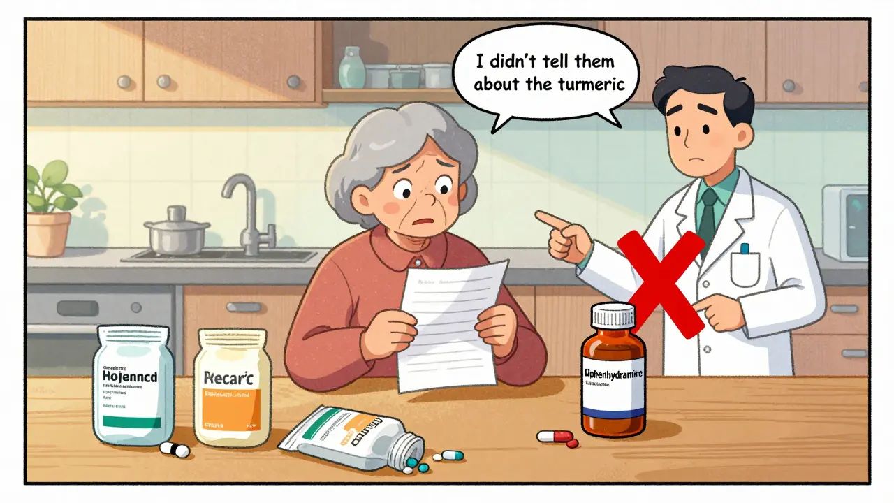 Senior woman and pharmacist reviewing medication list at a cluttered kitchen counter.