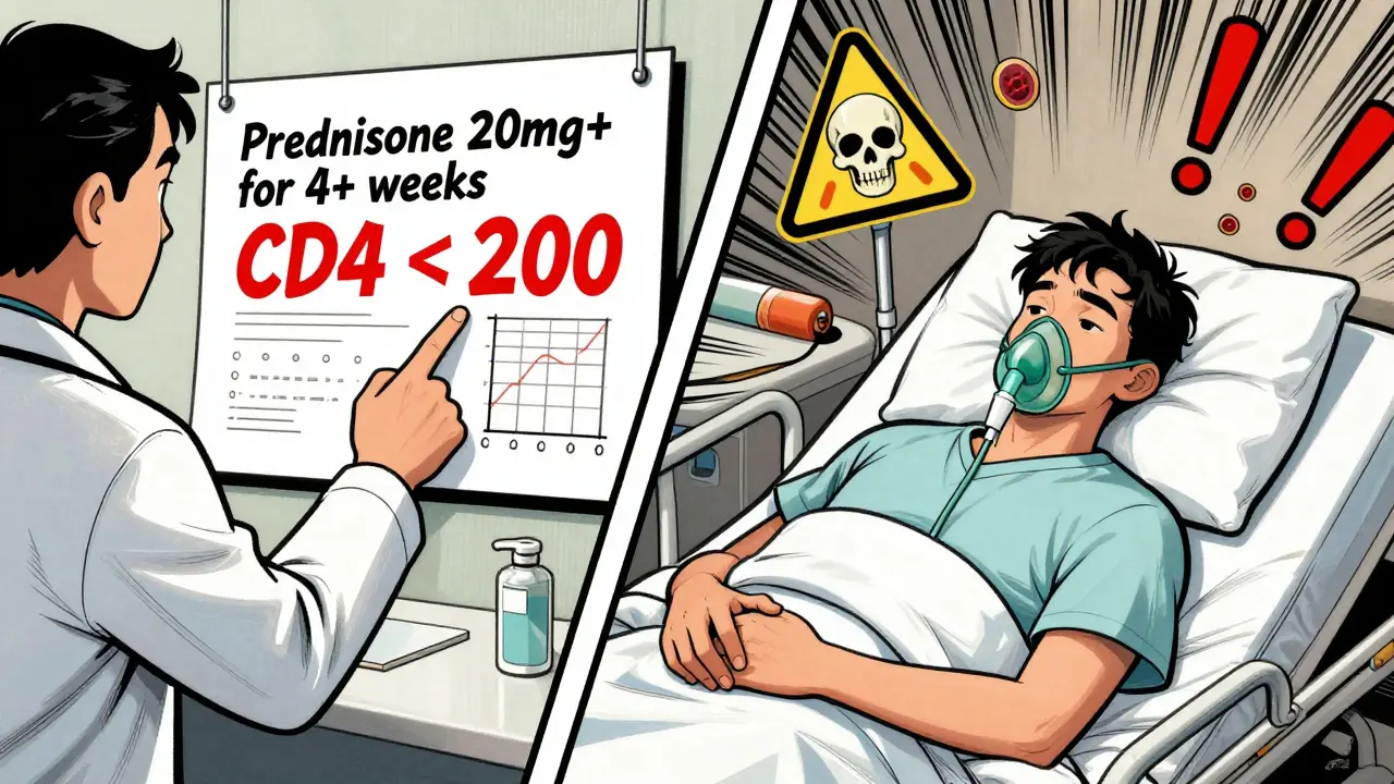 Split comic panel: doctor shows risk factors vs. patient hospitalized with PCP symptoms.