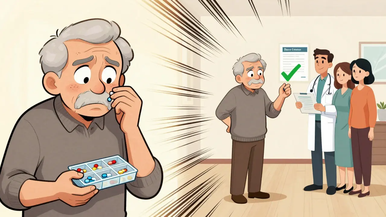 Split image: confused senior with too many pills vs. calm senior with one pill and support.