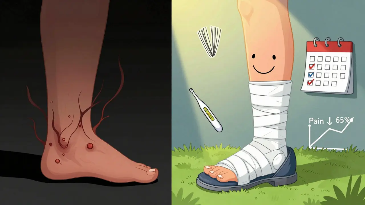 Split image showing diabetic foot ulcer danger versus healed foot walking on grass with proper footwear.