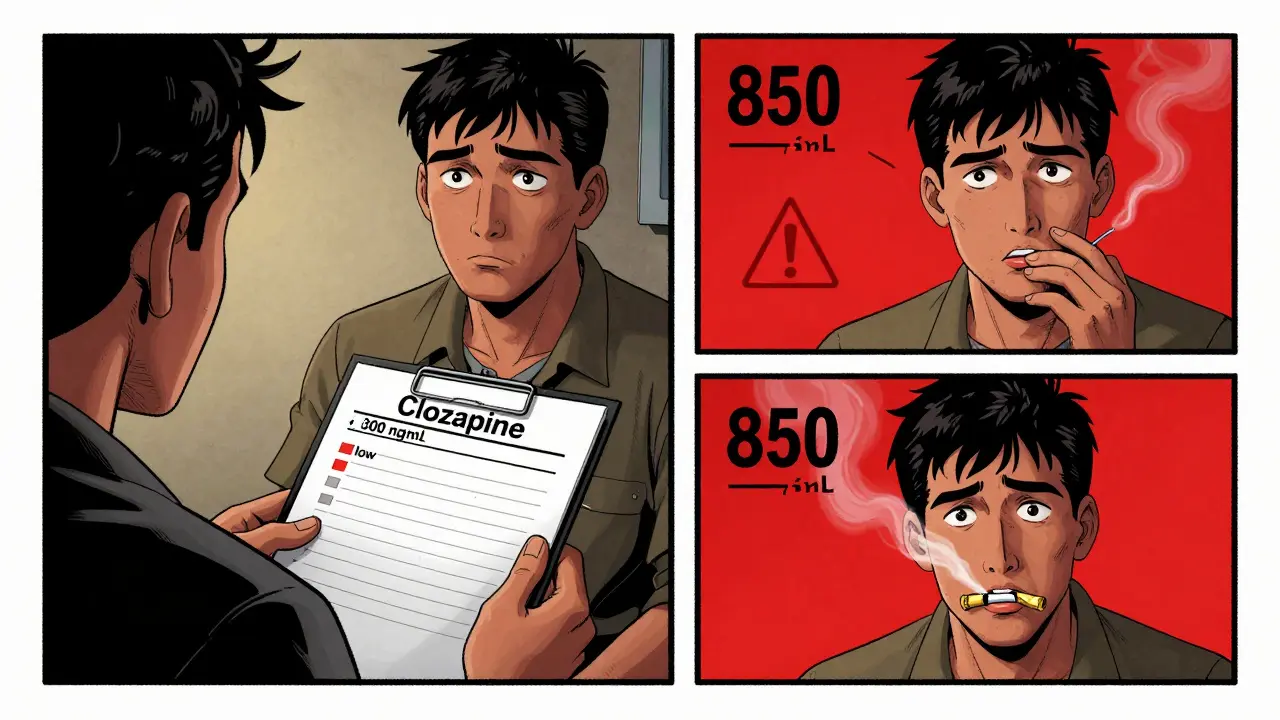 Split-panel medical illustration showing low and dangerously high clozapine blood levels linked to smoking and quitting.