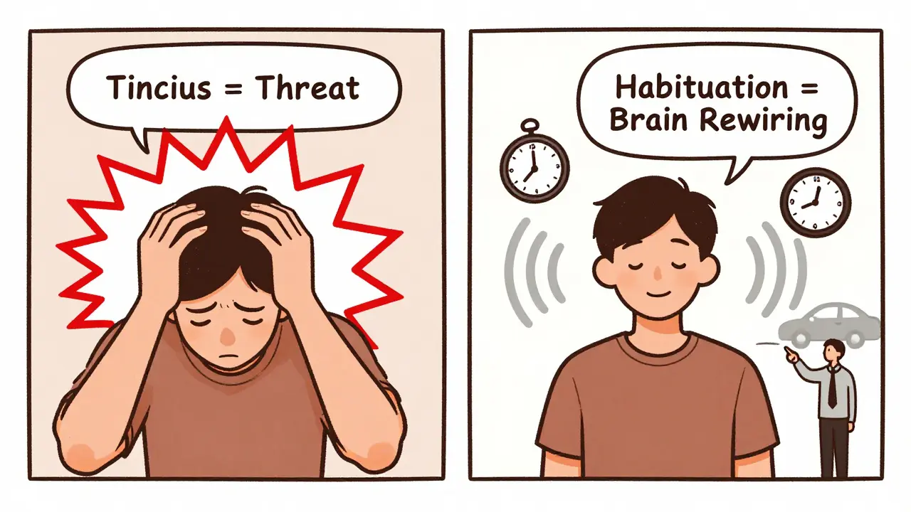 Split scene: tinnitus as a threatening storm vs. peaceful blending into background noise.