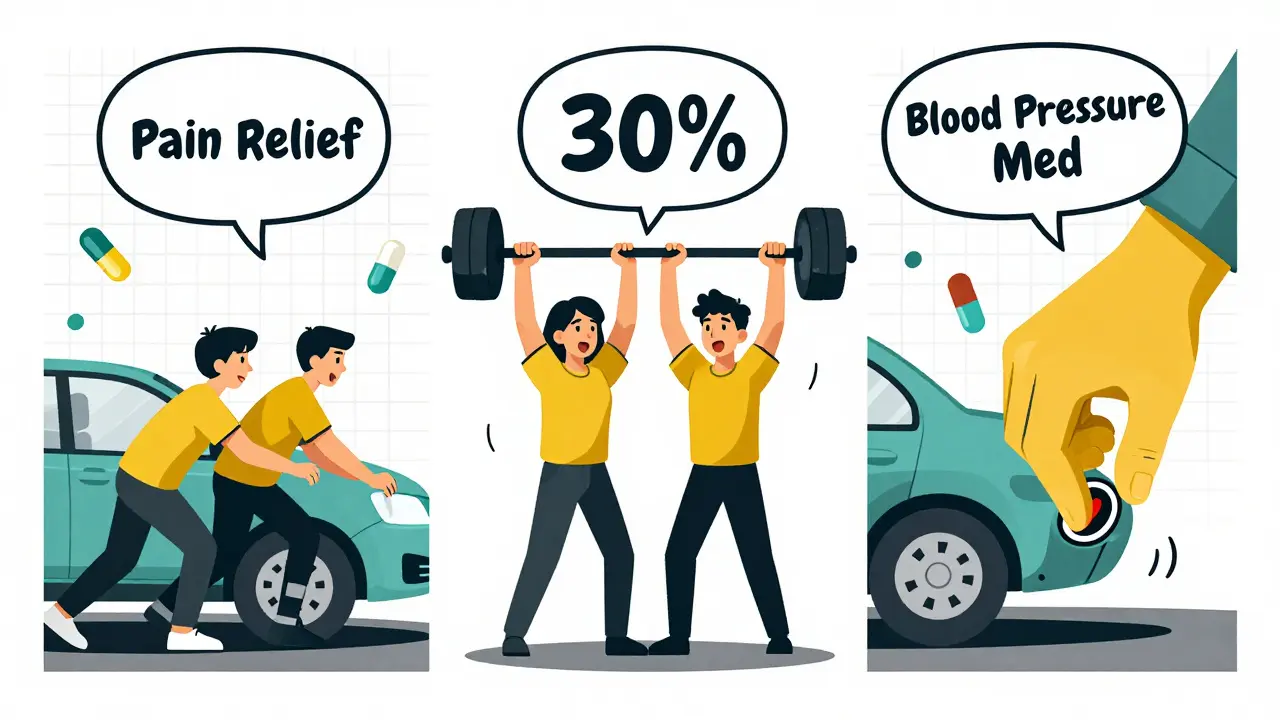 Three cartoon scenes showing drug interactions: synergy, additivity, and antagonism.