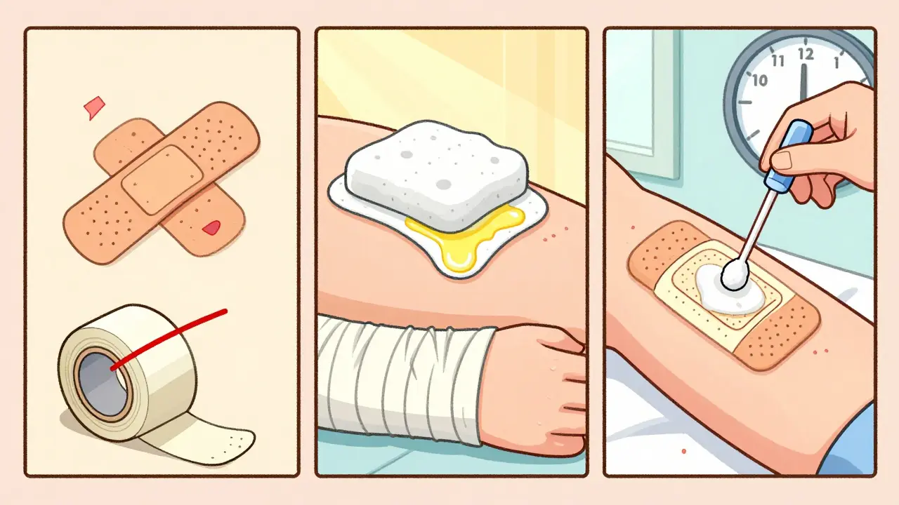 Three types of wound dressings shown with petroleum jelly application and improper tape wrapping.