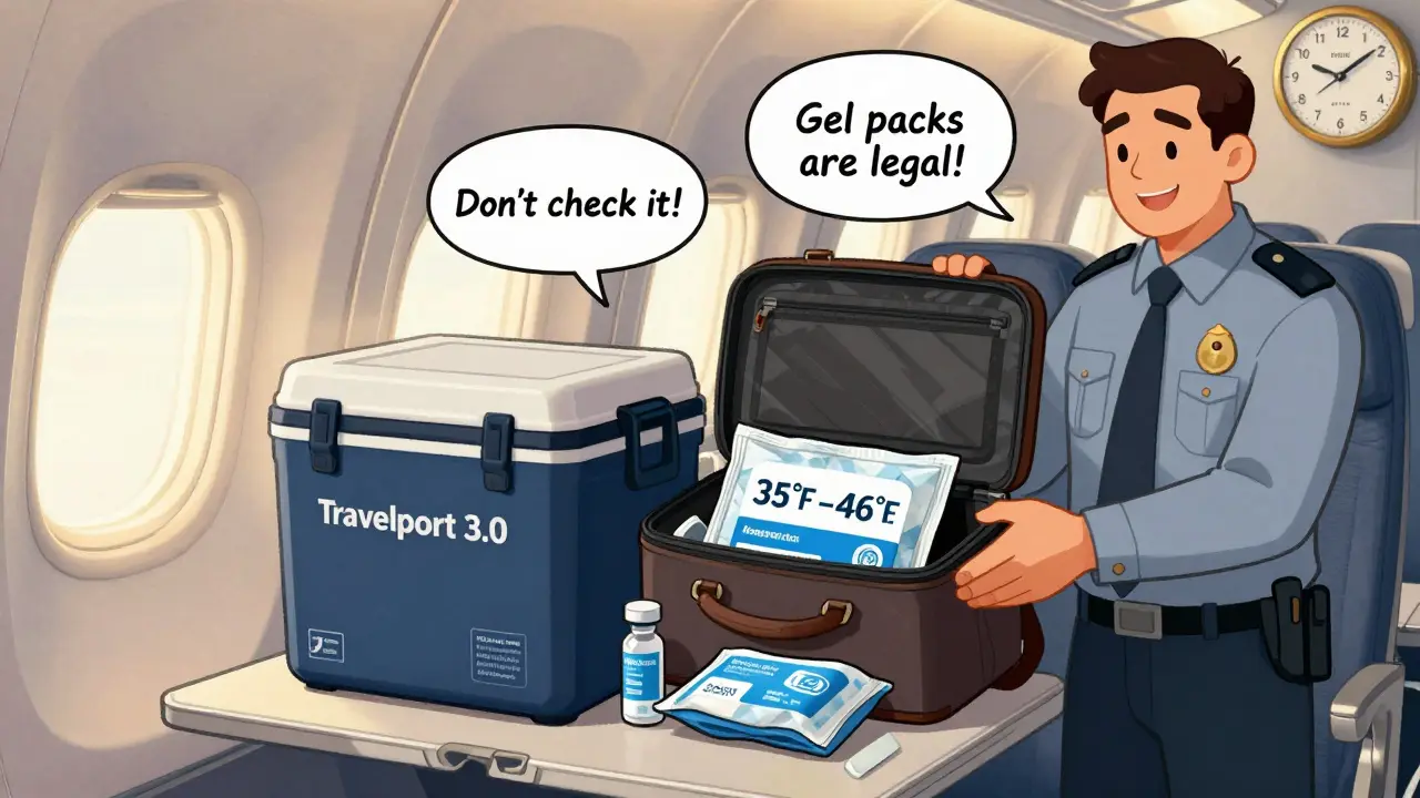 Traveler using medical cooler on airplane with TSA officer approving it, insulin vials visible.