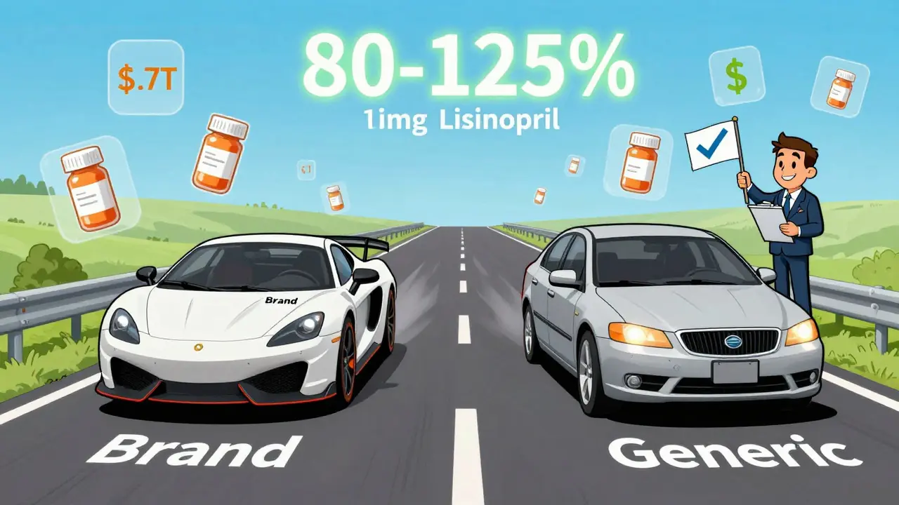 Two cars racing to a finish line within a time window, symbolizing bioequivalence of generic and brand drugs.