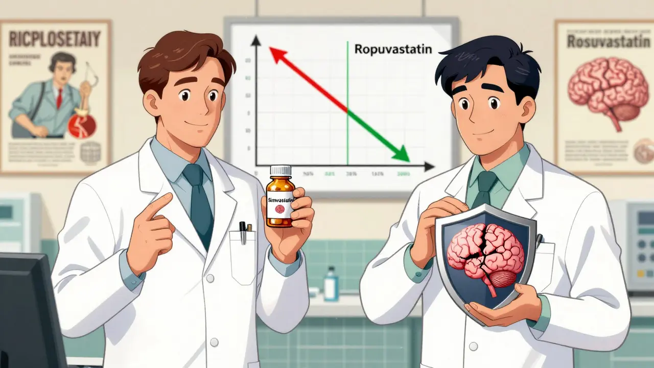 Two doctors compare statins, one with a cracked brain, the other protecting a brain with a shield.