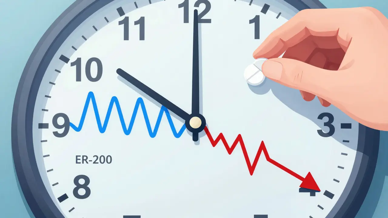 24-hour timeline of steady medication levels versus sharp peaks and drops.