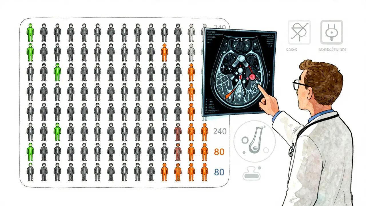 A man examines a decision aid grid showing screening outcomes: one saved life, many false positives and overdiagnoses.