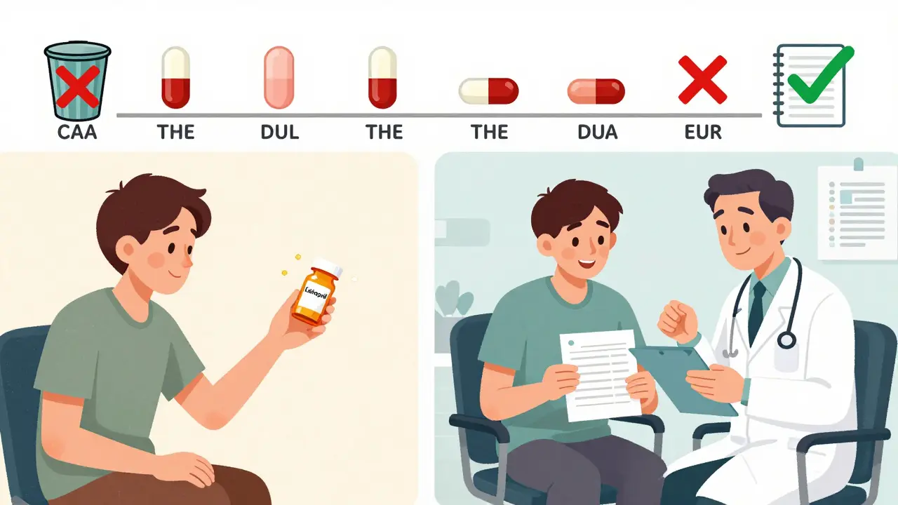 A patient throws away medication due to appearance change, then later uses a pill log with their doctor’s approval.