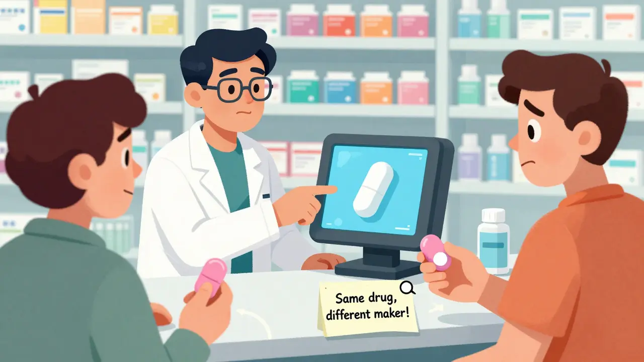 A pharmacist shows a patient a digital pill identifier screen while comparing old and new medication appearances.