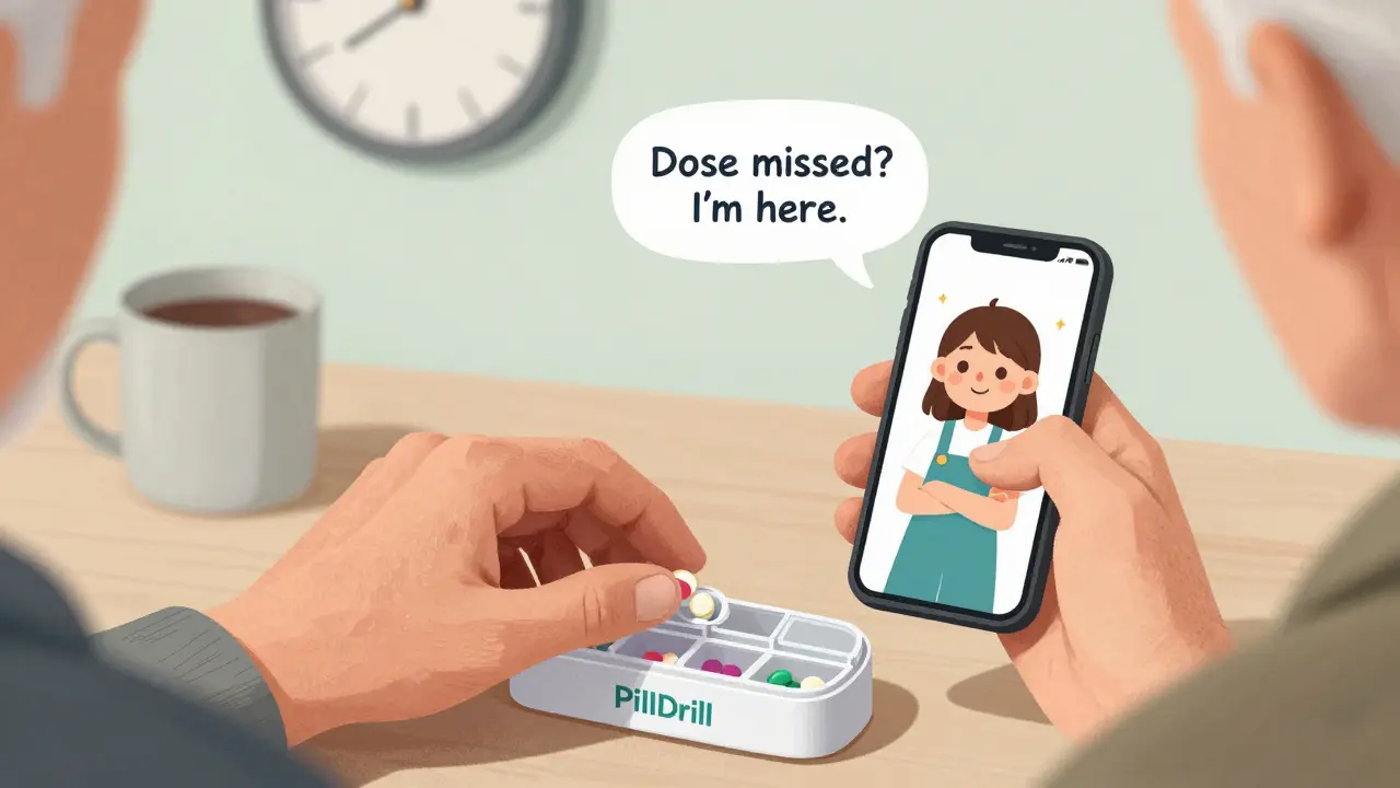 An elderly man placing pills into a smart organizer, with a cartoon avatar of his granddaughter appearing on his phone, symbolizing caregiver support.