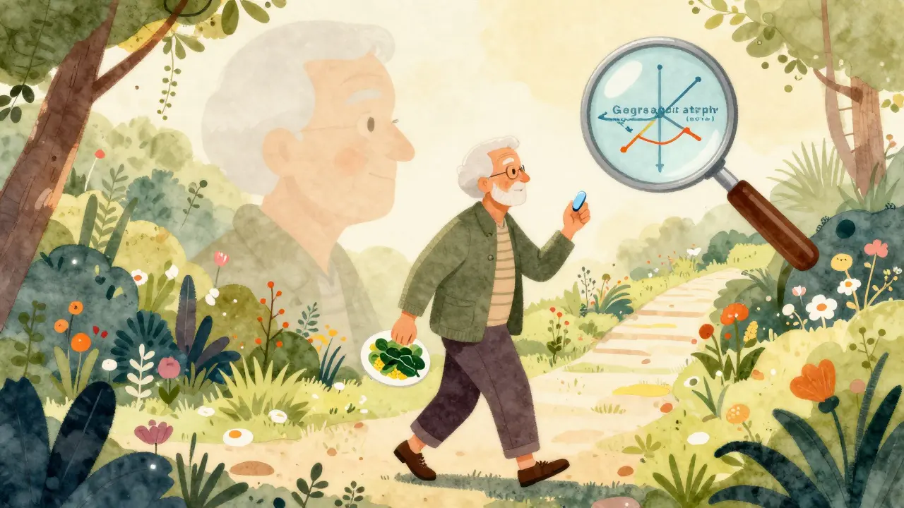 An elderly person walks through a garden holding AREDS2 pills and healthy foods, with a fading blurred figure behind and a bright path ahead symbolizing slowed vision loss.
