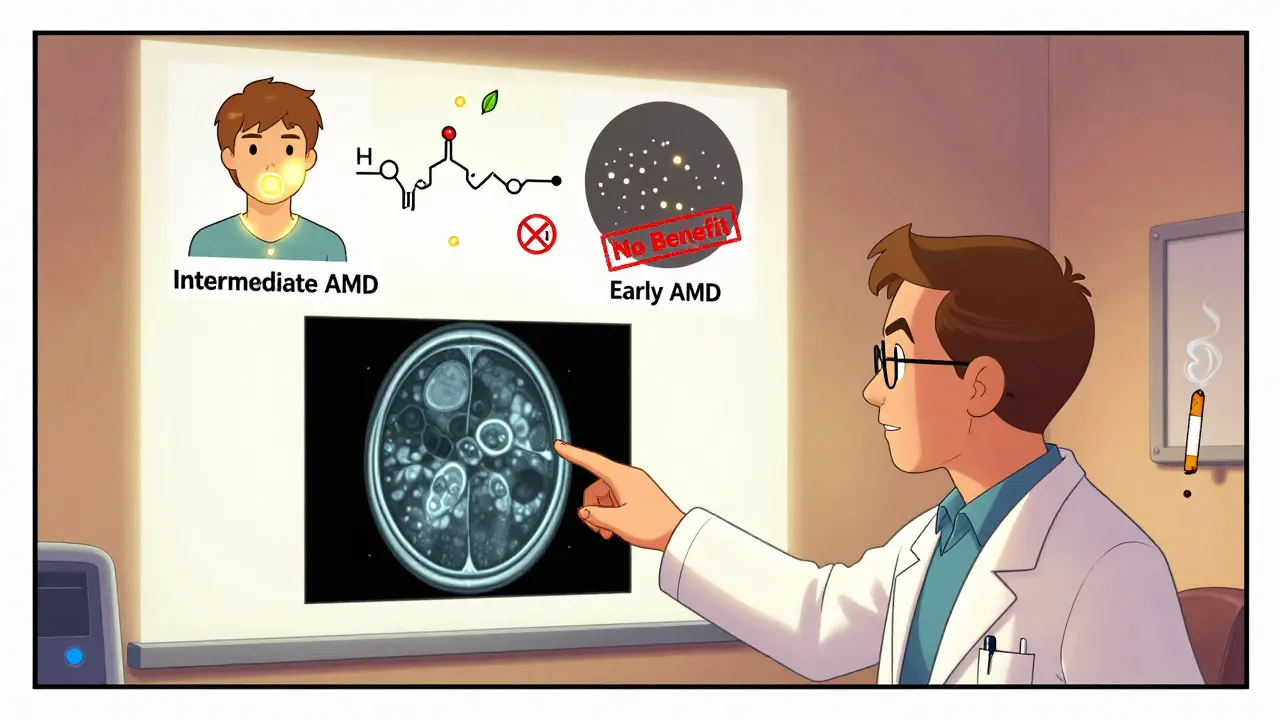 An eye doctor explains a retinal scan to two patients, showing who benefits from AREDS2, with lutein molecules floating nearby and beta carotene marked as dangerous.