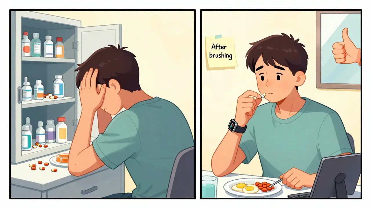 Before-and-after scene: cluttered medicine cabinet vs. calm routine with synced watch and sticky note, showing simple habits improve adherence.