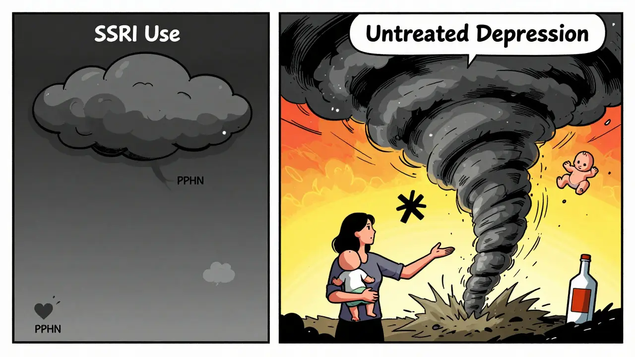 Comic-style comparison showing tiny SSRI risks versus massive dangers of untreated depression during pregnancy.