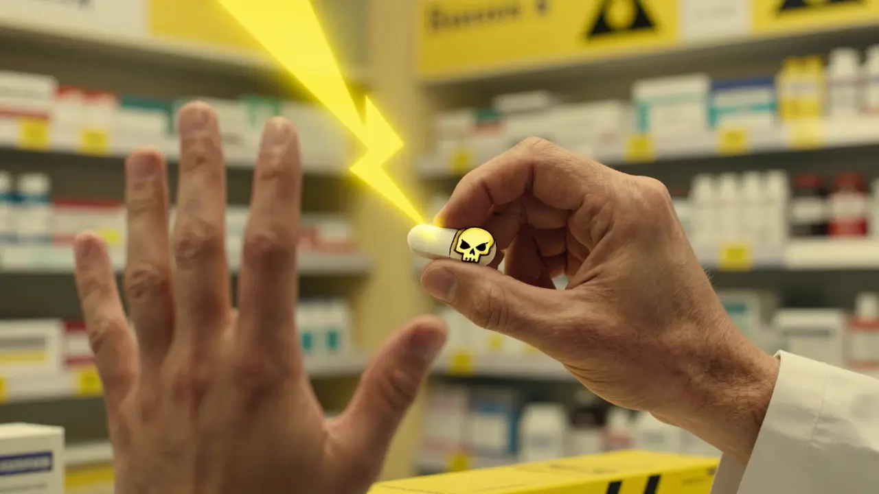 Hand trying to crush ER pill with warning lightning and skull symbol.
