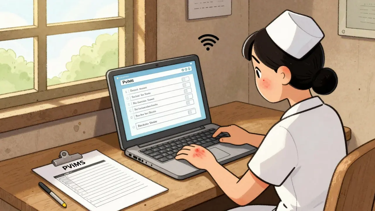 Nurse reporting a side effect using a simple laptop in a rural clinic with weak Wi-Fi and a paper backup form.