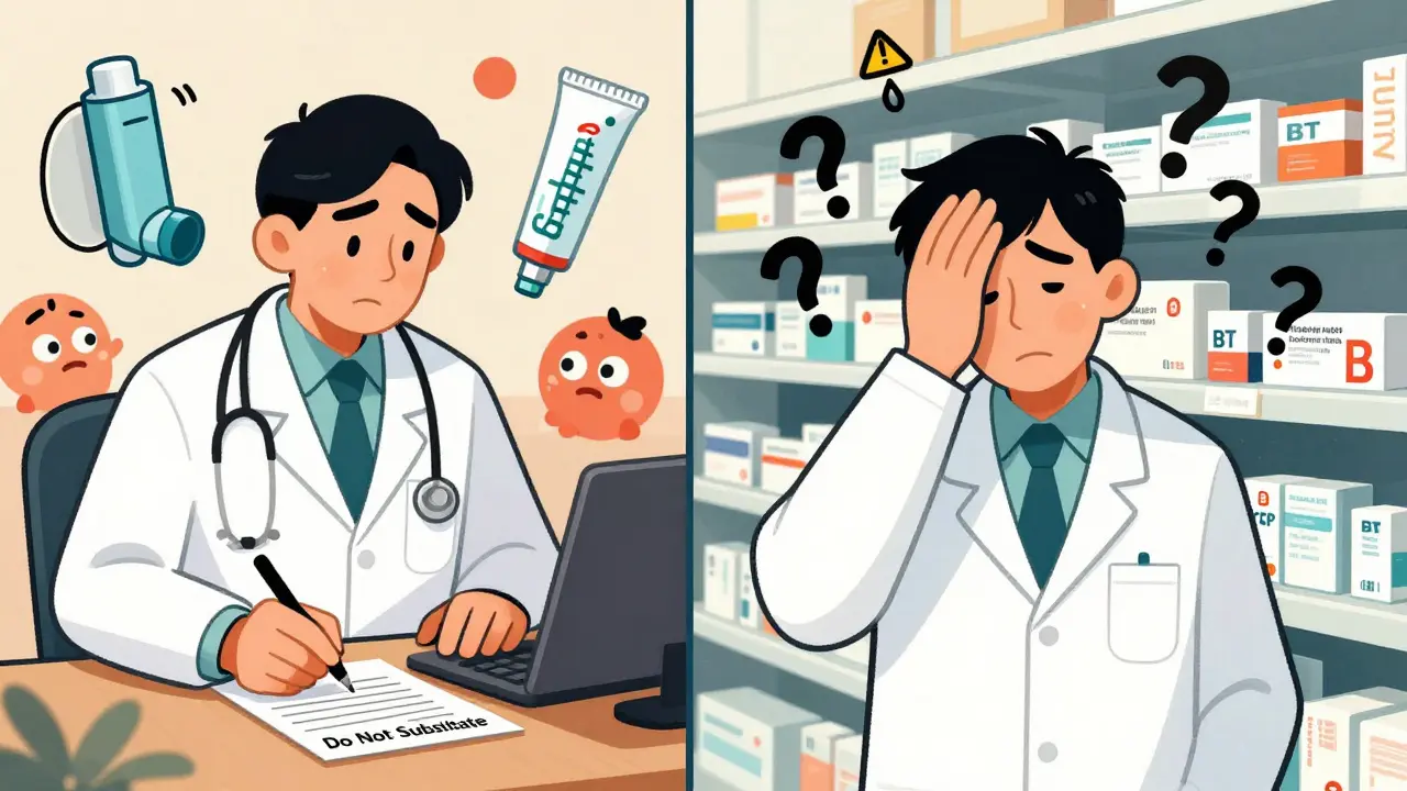 Pharmacist frowns at 'B' code topical cream while doctor writes 'Do Not Substitute'