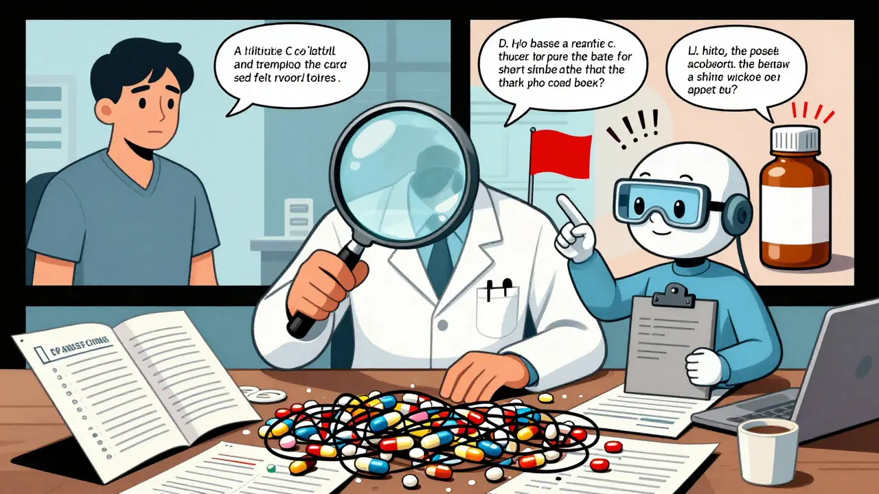 Pharmacist using a magnifying glass to untangle drug interactions, with an AI co-pilot helping spot true signals among false alarms.