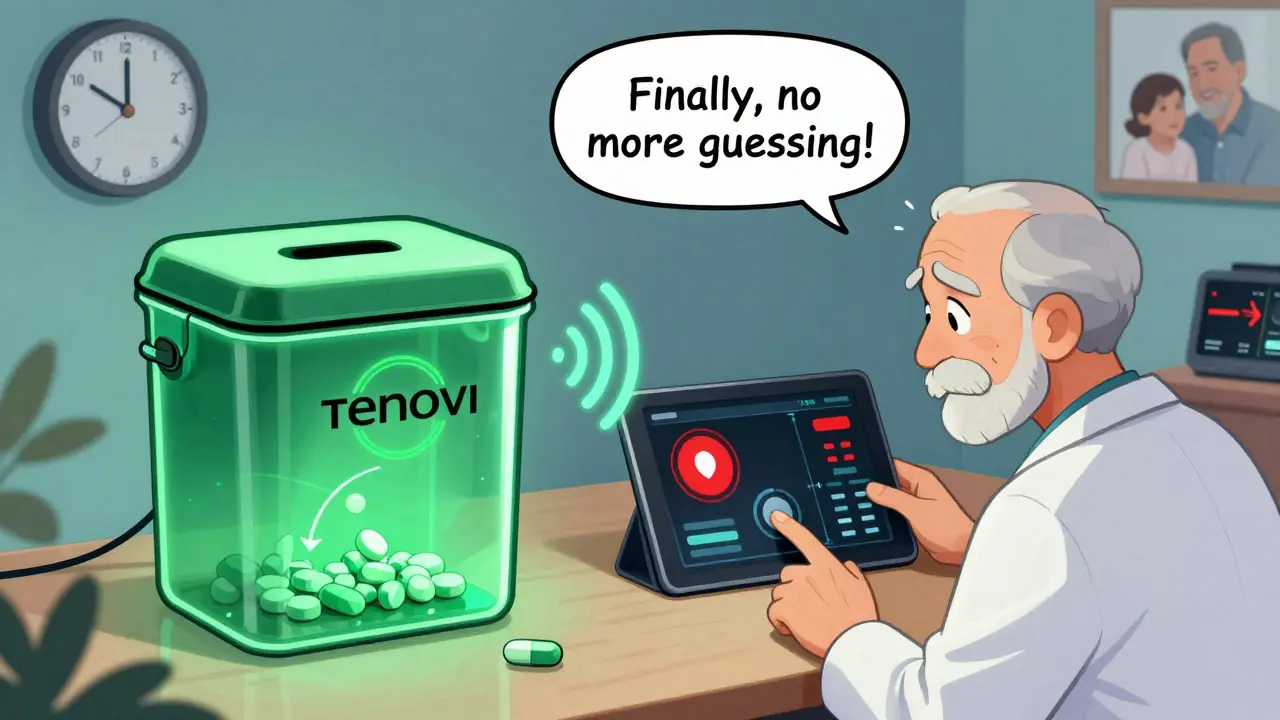 Smart pillbox dispensing a pill with green light, doctor views alert on tablet, senior presses button with relief.