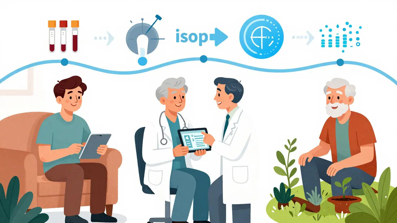 Three men at different ages experience smarter prostate cancer screening methods over time.