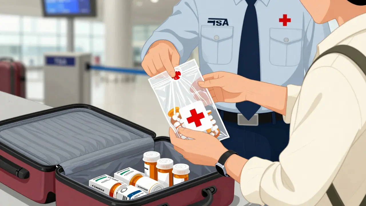 Traveler handing prescription bottles in clear bag to TSA officer at airport security.