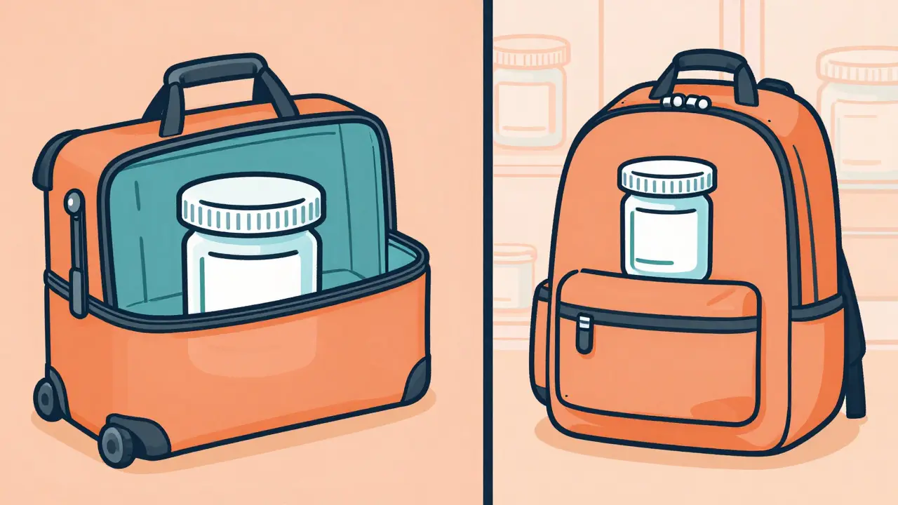 Two medication containers in separate travel bags—carry-on and checked luggage.
