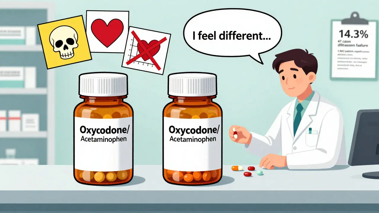 Two similar-looking painkiller bottles on pharmacy counter, technician reaching for wrong one, patient says 'I feel different...' with warning symbols above.