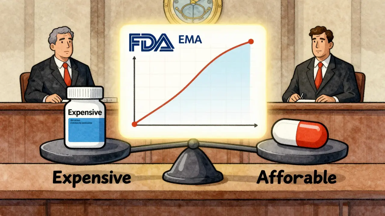A balanced scale compares brand-name and generic drugs, with a scientific graph proving equivalence, judged by FDA and EMA logos.