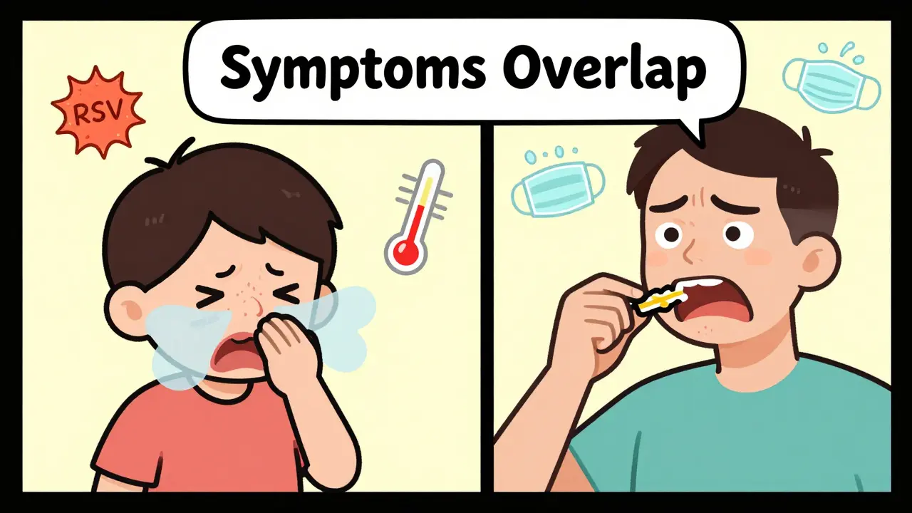 A child with breathing trouble and an adult taking zinc lozenges are shown side-by-side with floating medical icons in cartoon style.