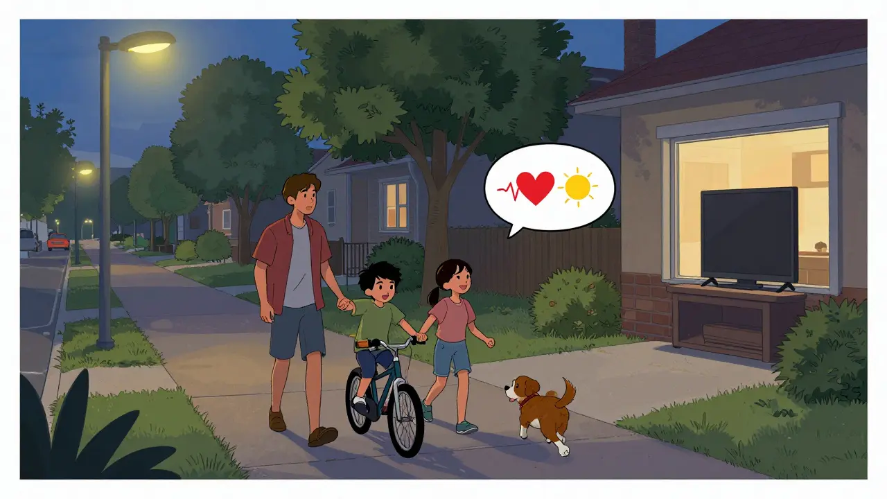 A family walks together after dinner, enjoying movement and each other’s company under soft streetlights.