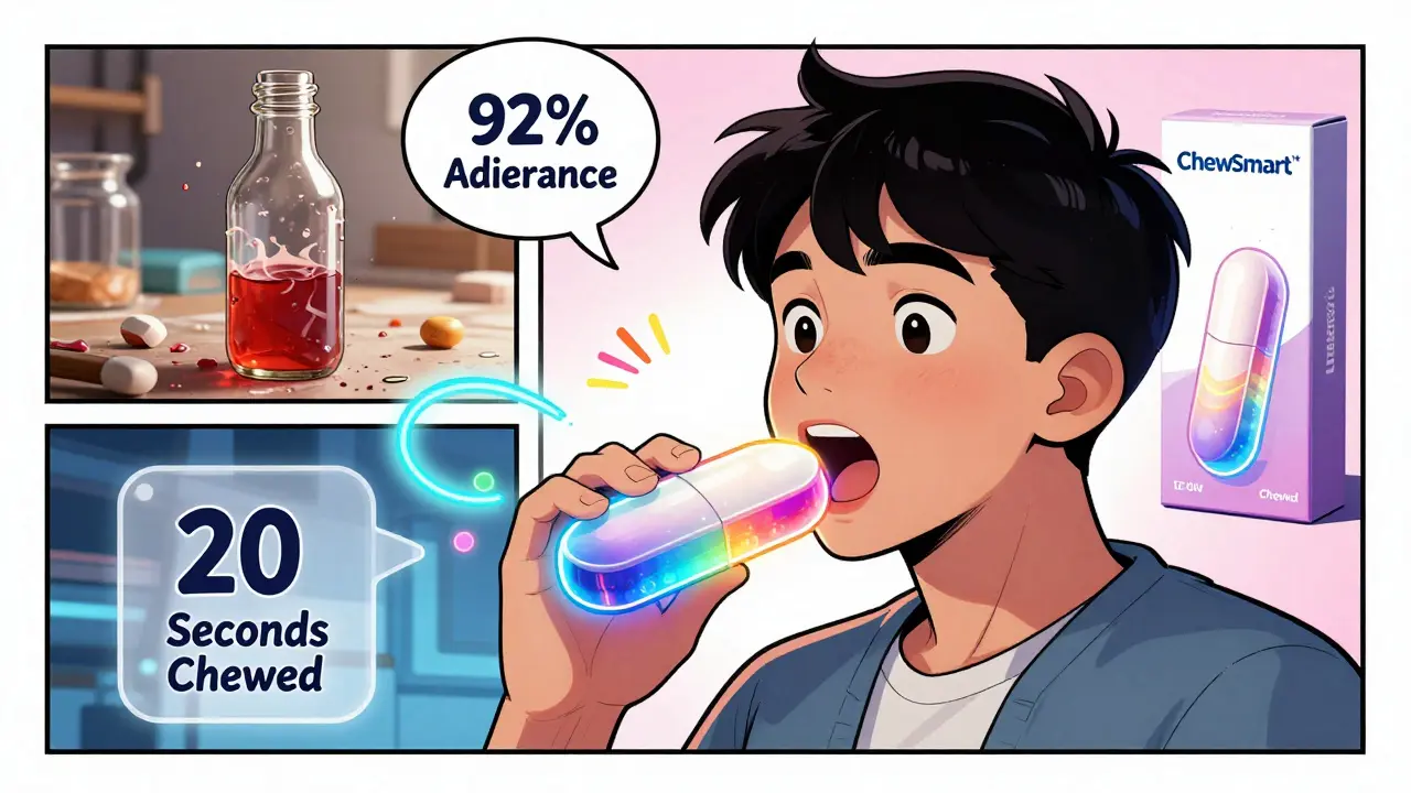 A glowing color-changing chewable tablet being chewed by a teen, with past and future medicine delivery methods shown in background panels.
