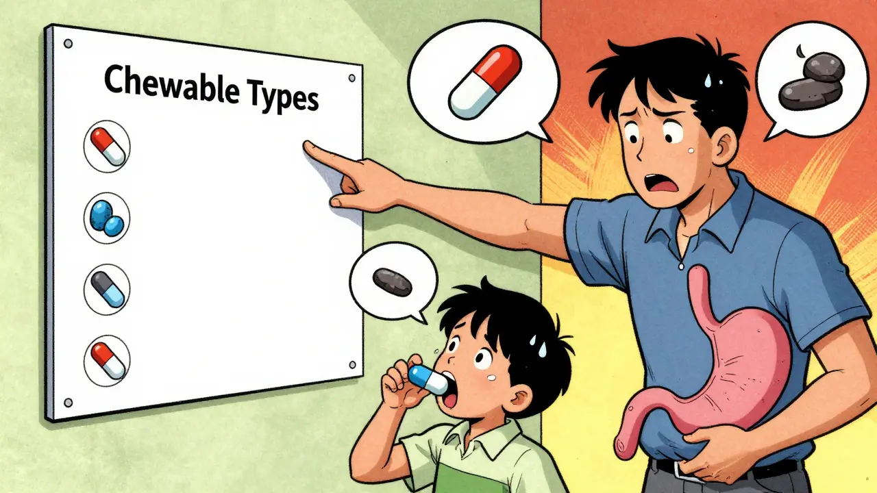 A parent and child at a pharmacy, with a chart explaining different types of chewable tablets and a tablet turning into a rock in the stomach.