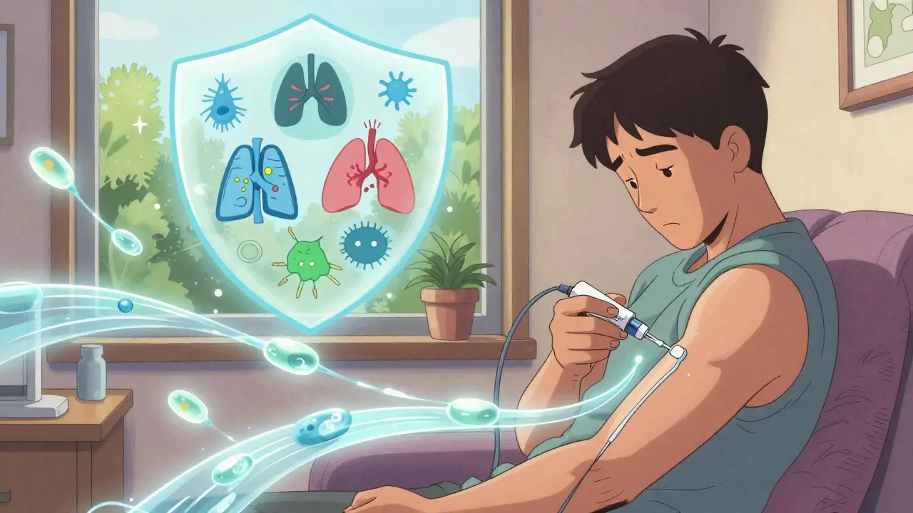 A patient administering subcutaneous immunoglobulin therapy at home, with glowing antibodies flowing into their bloodstream.