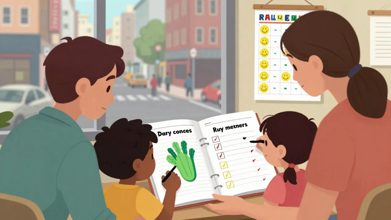 A pediatric coach helps two children track healthy habits with a simple logbook in a clinic setting.