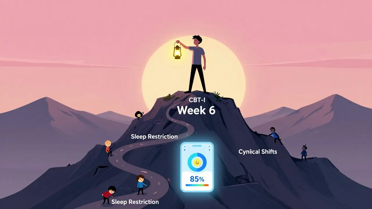 A person stands triumphantly on a mountain labeled 'Week 6', holding a lantern labeled 'CBT-I' as dawn rises behind them.