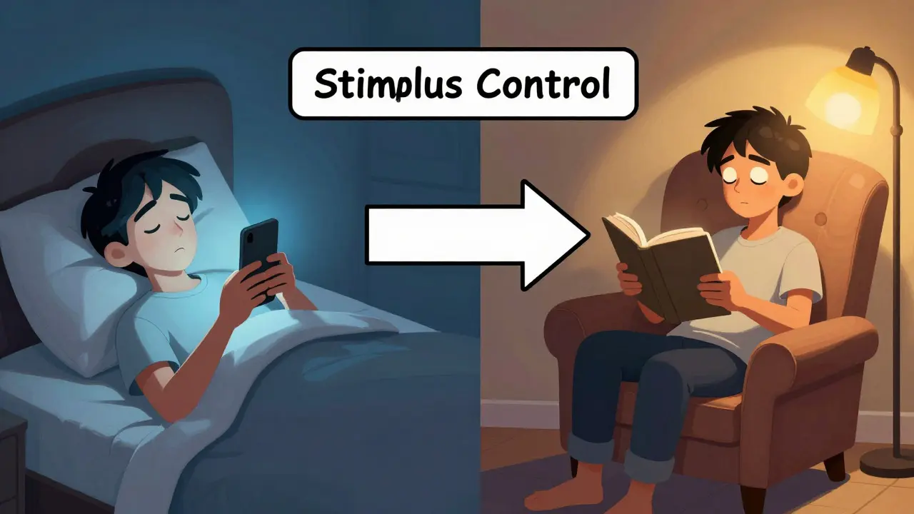 A split image showing someone scrolling in bed vs. reading in a chair, with a bold arrow labeled 'Stimulus Control' connecting them.