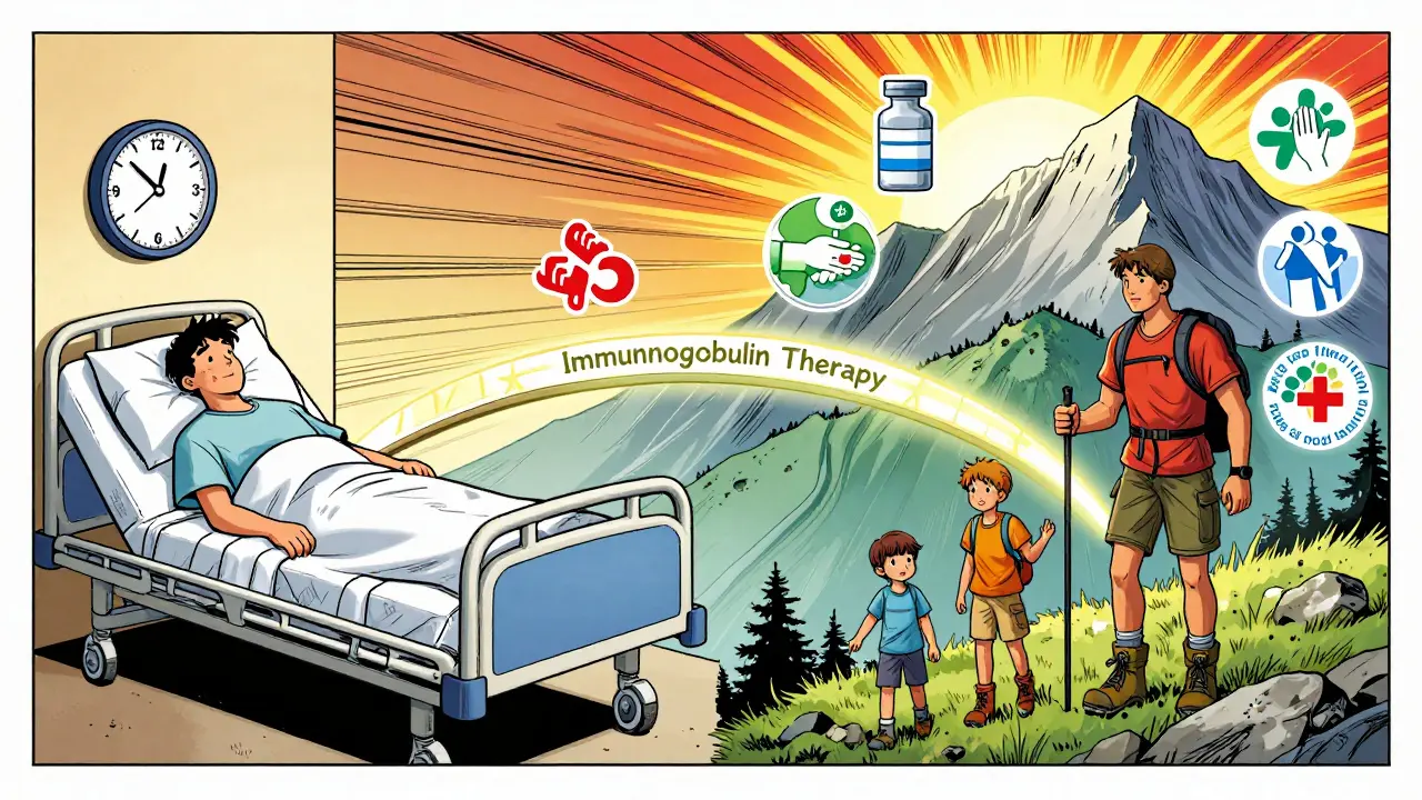 A split timeline showing life expectancy improvement for CVID patients from the 1970s to today, connected by immunotherapy.