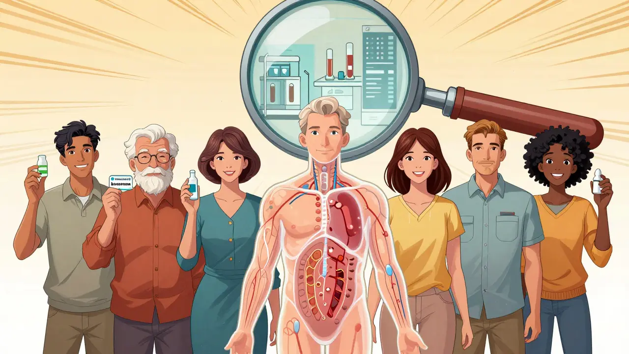 Diverse patients hold medications as transparent body diagrams show drug absorption paths, with a magnifying glass revealing hidden testing processes.