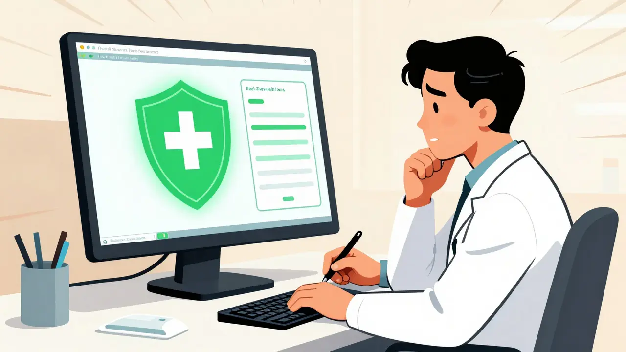Doctor uses computer tool with safety alert icon nearby