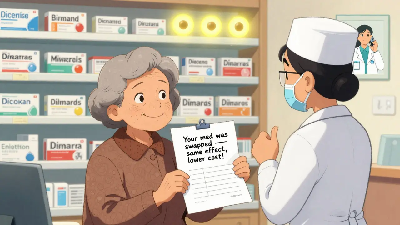 Elderly woman reads a simple note explaining her medication was swapped for a similar, lower-cost option.