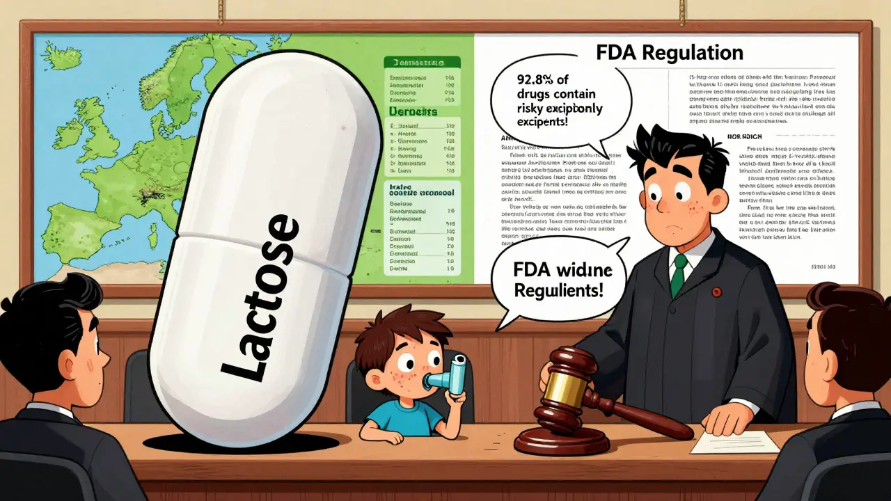 Giant allergen pill looming over a patient in a courtroom, contrasting U.S. and European labeling styles