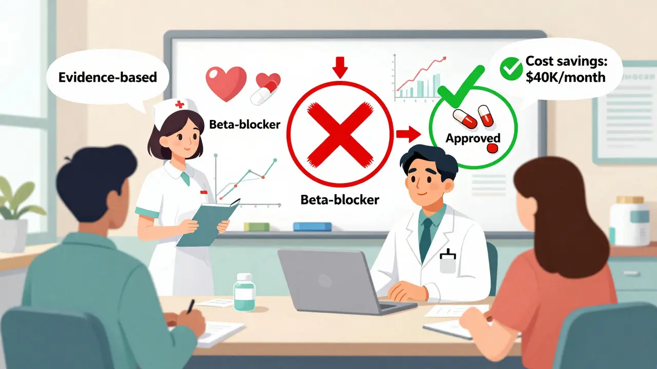 Medical team reviews formulary choices on a whiteboard with cost graphs and approved drugs highlighted.
