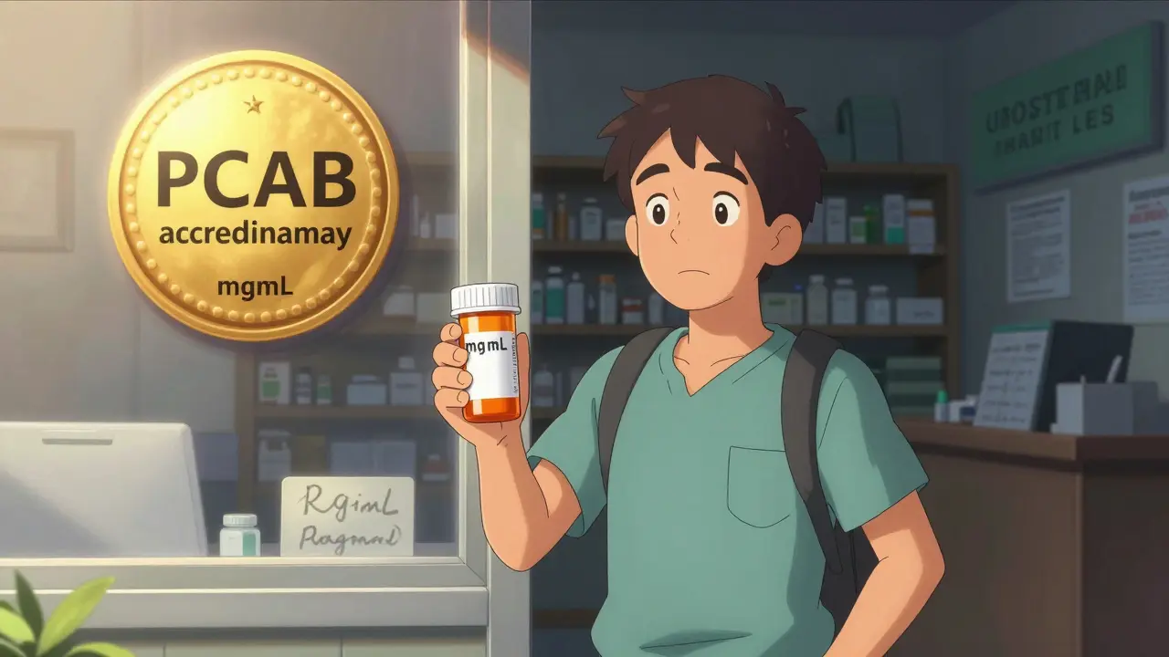 Patient holds correctly labeled medication outside an accredited pharmacy, unaccredited pharmacy fading in shadows.