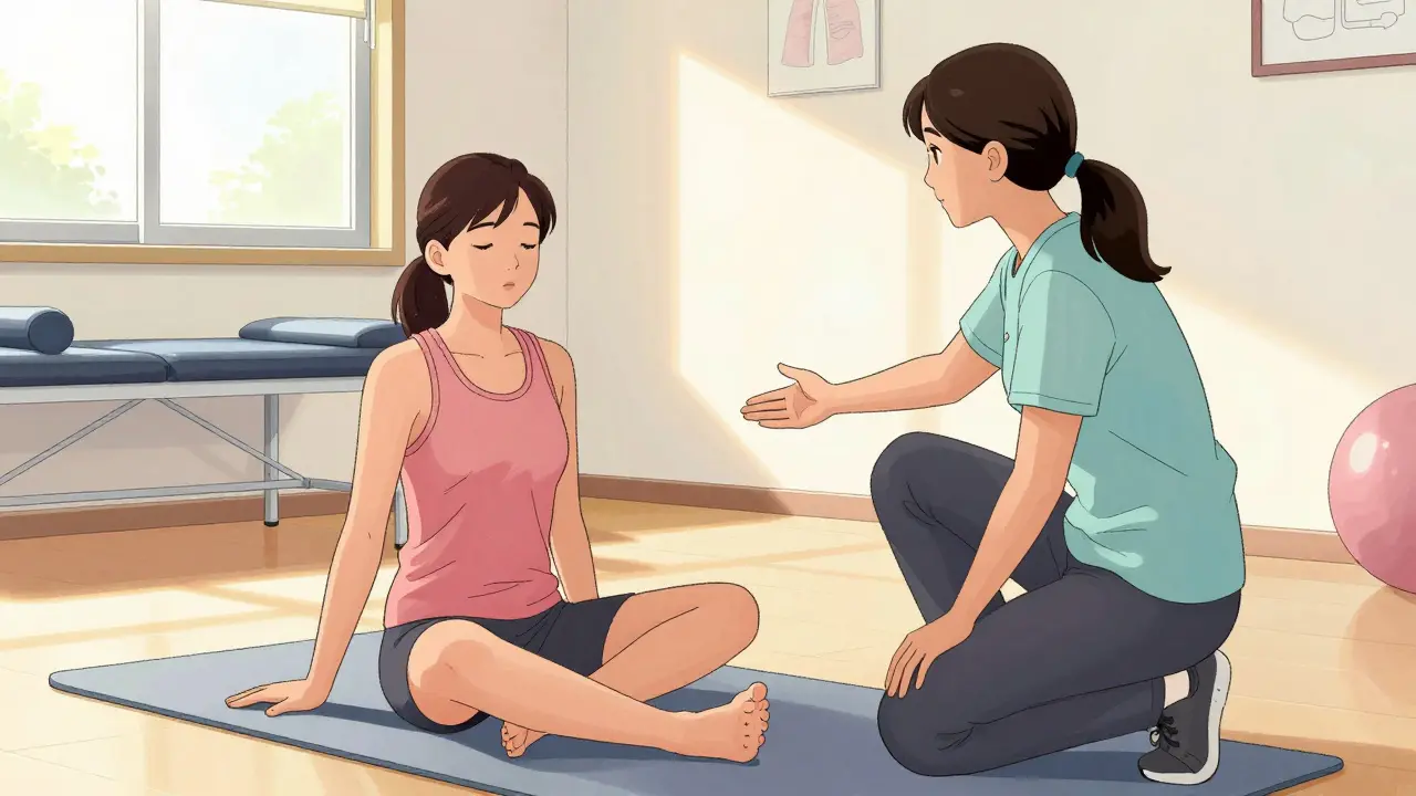 Patient performing breathing exercises with a therapist present