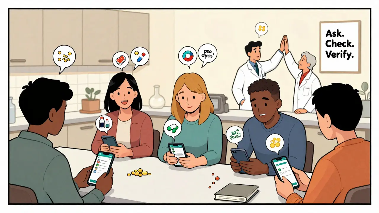 People scanning pills with a phone app that reveals hidden allergens, doctor and pharmacist celebrating