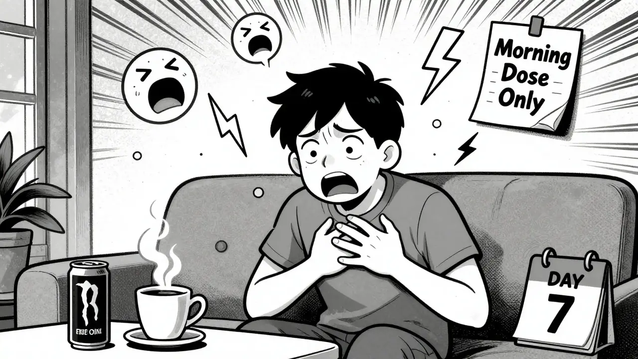 Someone experiencing anxiety with lightning bolts and screaming faces around them, near coffee and energy drinks.