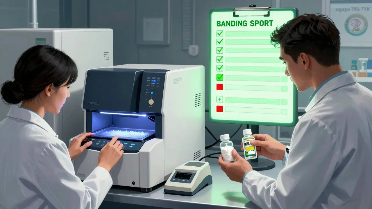 Technicians verify drug powders using HPLC and barcode scanners in a sterile lab, USP standards visible on wall.